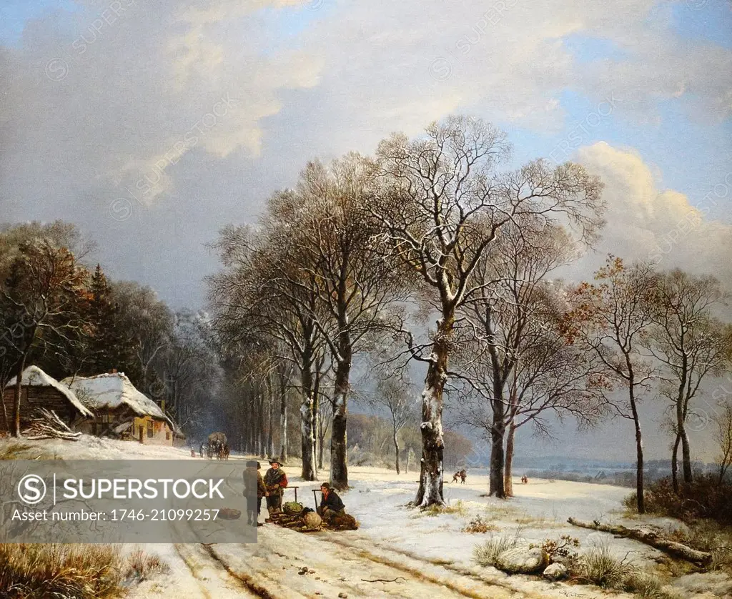 Painting titled 'Winter Landscape' Painted by Barend Cornelis Koekkoek (1803-1862) Dutch landscape artist. Dated 1838