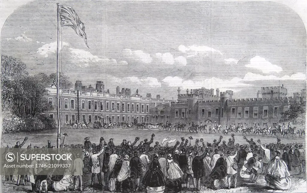 The review of Lancashire Rifle Volunteers in Knowsley Park. The Earl and Countess of Derby leaving Knowsley Hall for the Review.