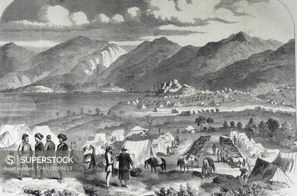 Camp of the Sikh Cavalry at Cowloong; opposite Hong-Kong. Probyn's horse and Fane's horse. From a sketch by an artist in China.