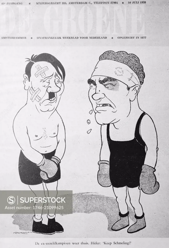 Cartoon of Adolf Hitler in a boxing match with Joe Louis