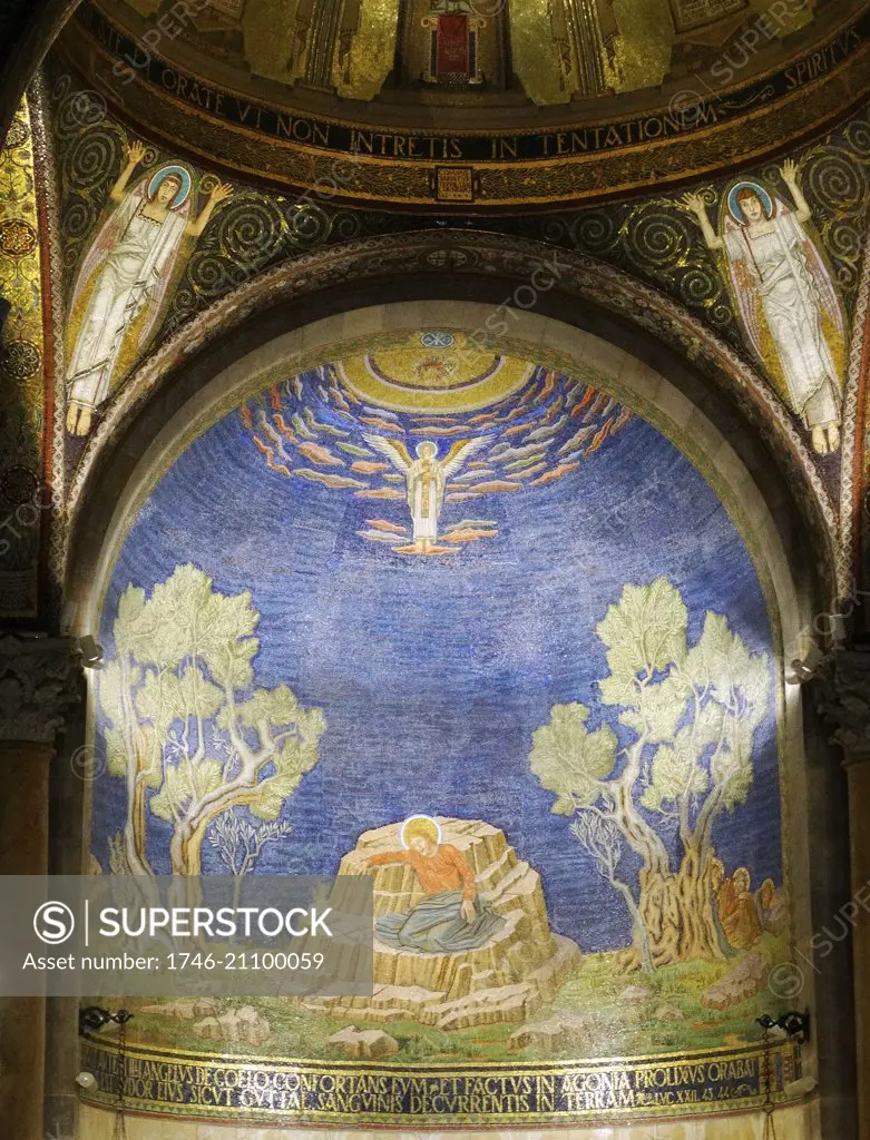 Mosaic inside the Church of All Nations; also known as the Church or Basilica of the Agony; is a Roman Catholic Church located on the Mount of Olives in Jerusalem; next to the Garden of Gethsemane. Consecrated in 1924.