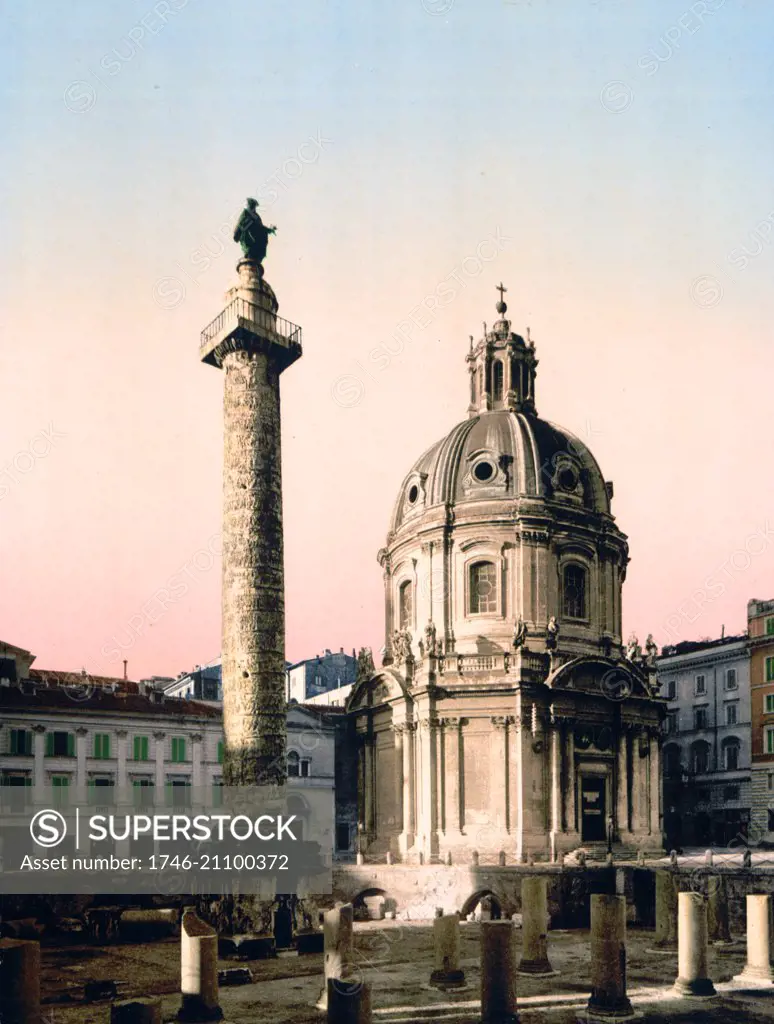 Colour photograph of Trajan's Column, a Roman triumphal column in Rome, commemorating the Roman emperor Trajan's victory in the Dacian Wars. Dated 1900
