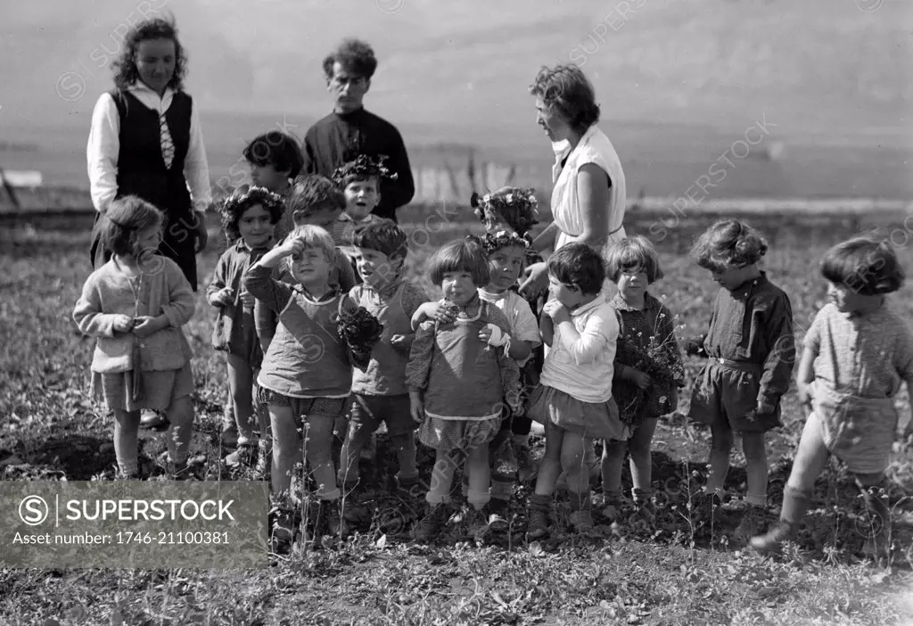 Photograph of Jewish nursery children on a Kibbutz in Palestine during the British Mandate. Dated 1936