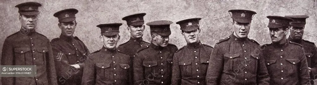 Photograph of Canadian Soldiers after their arrival in England on their way to fight in Europe during World War One. Dated 1914