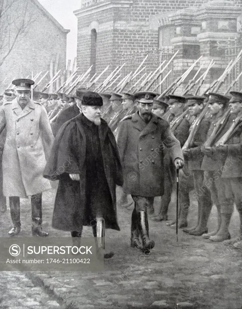 Photograph of King George V (1865-1936) with President Raymond Poincaré (1860-1934) meeting in France during World War One. Dated 1915
