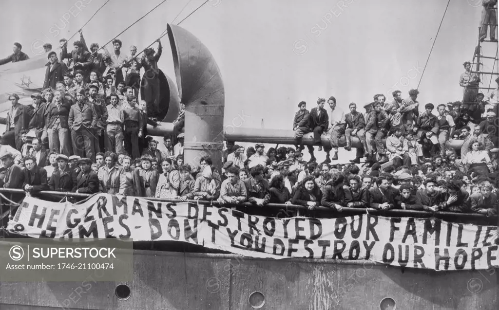 Photograph of Jewish Refugees aboard the illegal immigrant ship Theodor Herzl. Dated 1947