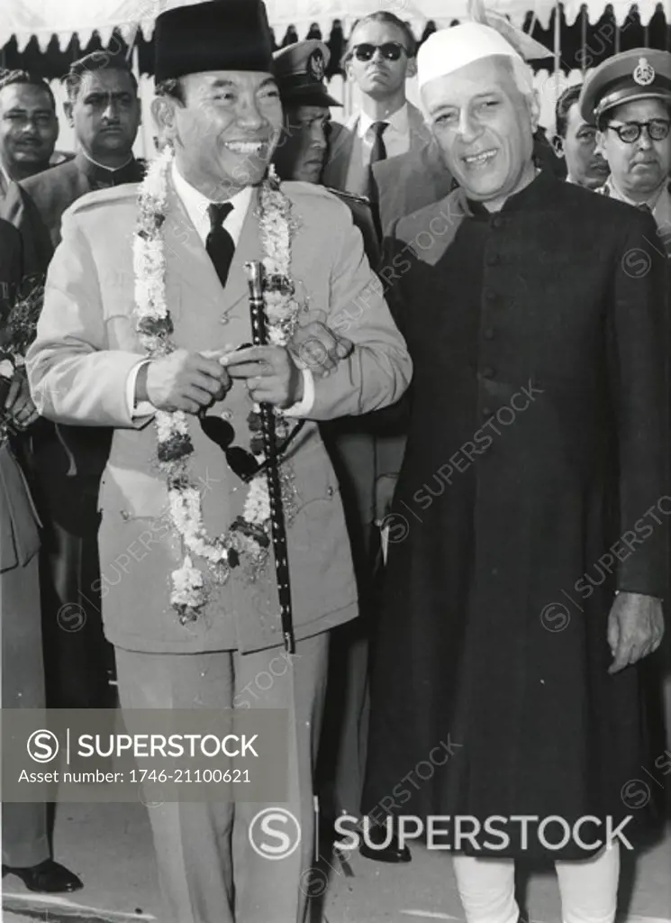 Photograph of Dr. Ahmed Sukarno (1901-1970) The first President of Indonesia with Pandit Nehru (1889-1964) Prime Minister of India at the Non-Aligned Conference. Dated 1955