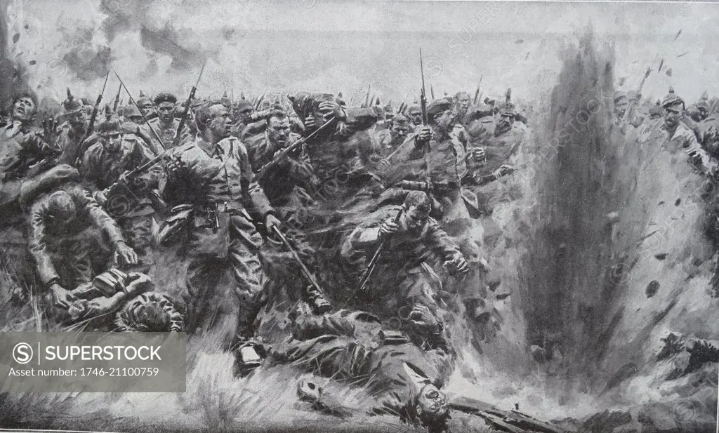 Illustration of a large scale German infantry attack on British positions in World War One. Dated 1914