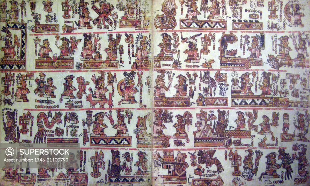 The Bodley Codex, also known as the Codex Bodley, an important pictographic manuscript and example of Mixtec historiography. Named after the Bodleian Library. Dated 17th Century