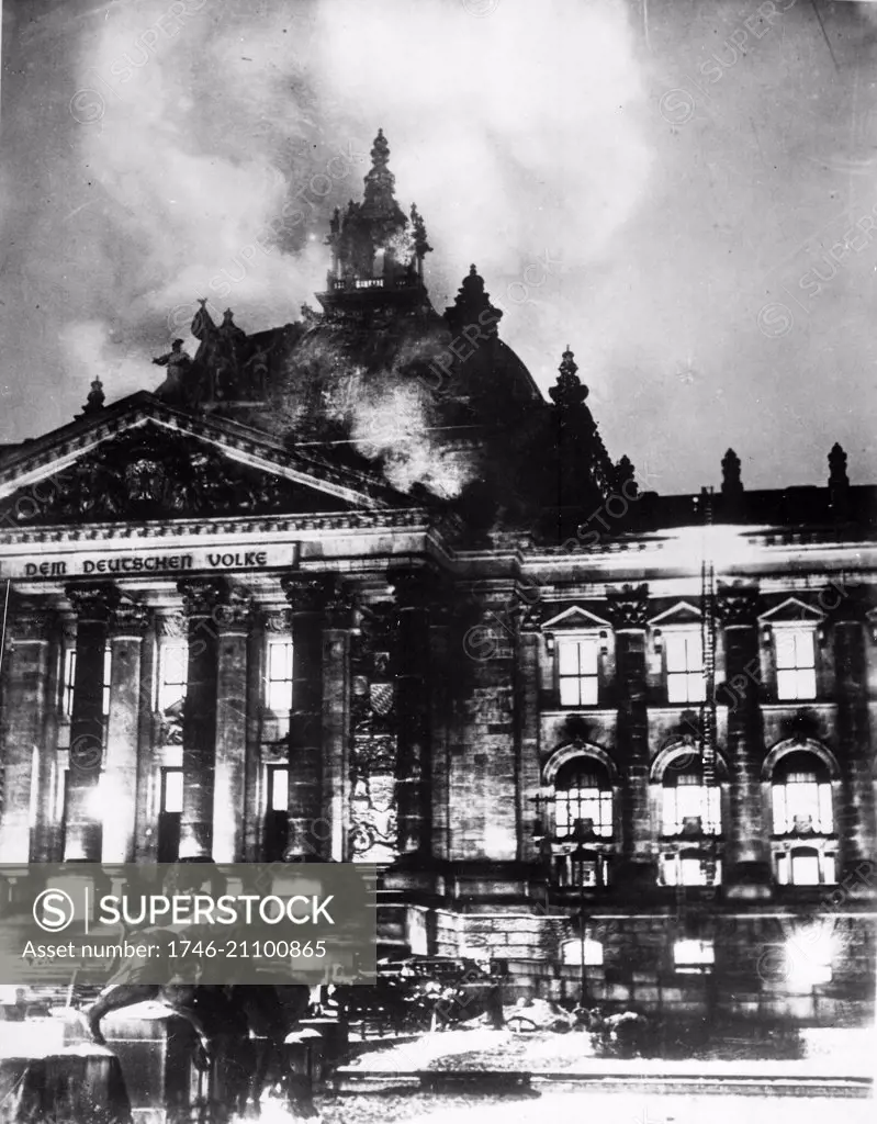 Photograph of The Reichstag building on Fire, Berlin, Germany. Dated 1933