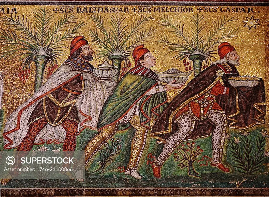 Mosaic of the Three Wise Men in the Basilica of Sant Apollinaire Nuovo, Ravenna, Italy. Dated 6th Century