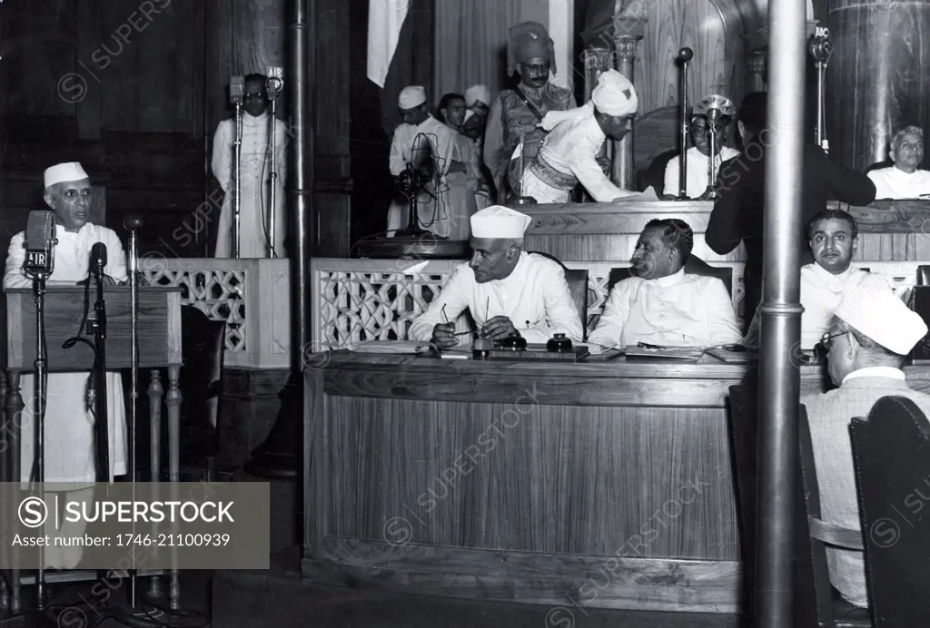 Photograph of Jawaharlal Nehru, first Prime Minister of India, declaring Indian Independence in the Constituent Assembly, Delhi. Dated 1947