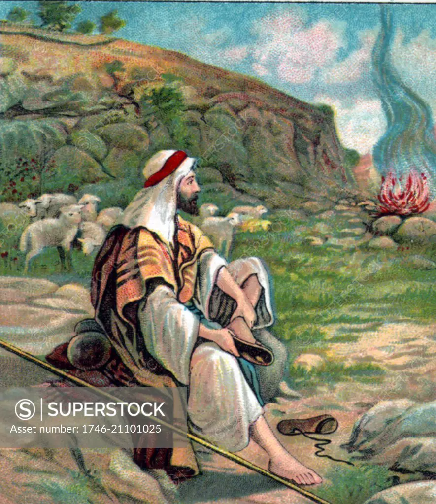 Moses hears God in the burning bush. Scene from the Old Testament Bible. Dated 1910
