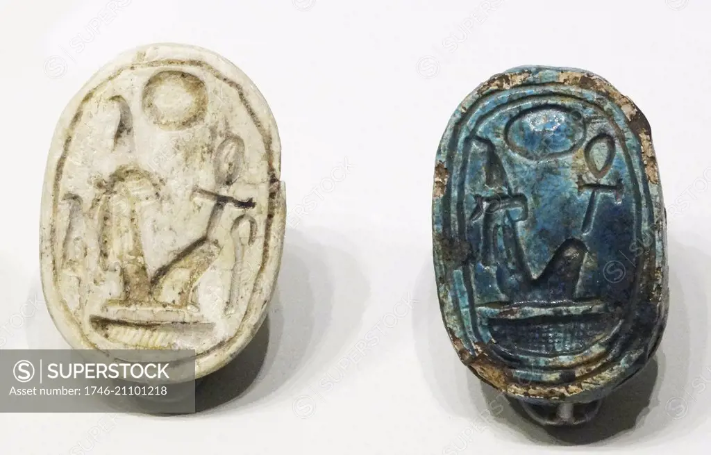 Selection of scarabs depicting the goddess Ma'at as a component of the throne name of King Amenhotep III. From the 14th century.