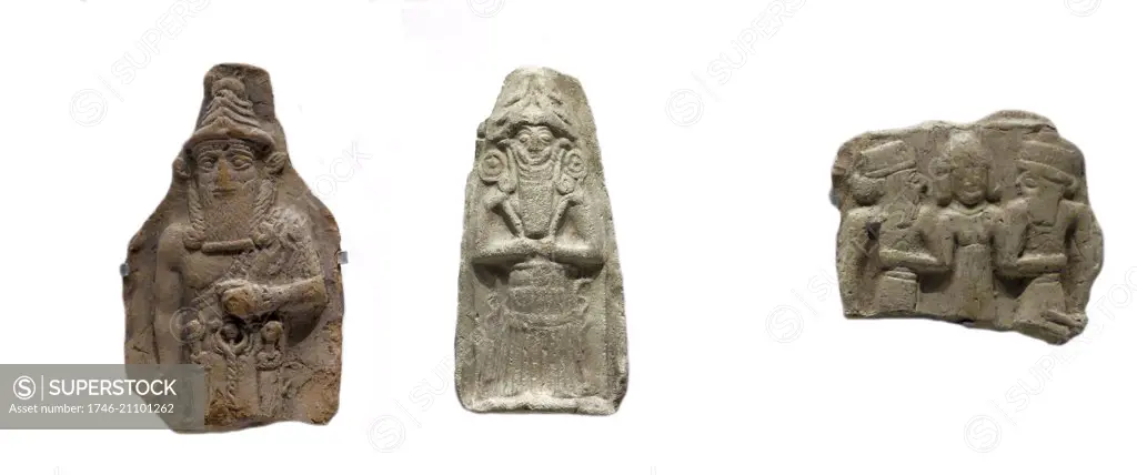 Plaques showing Nergel, king of the Netherworld and god of war, death and plagues, alongside a plaque depicting a goddess in the middle of two gods. From Mesopotamia and Mari (Tell Hariri, Syria) respectively. From the 2nd millennium BC.