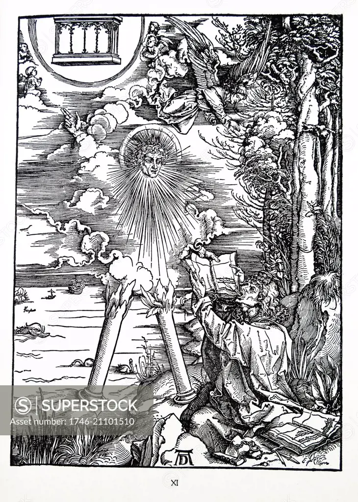 Martin Luther: Preface to the Revelation of John ( 1522): Vorrede zur Offenbarung Johannes (1522). Apocalypse in figures; Woodcut by Albrecht Durer; Saint John devouring the Book presented by the Angel. The Revelation of Saint John