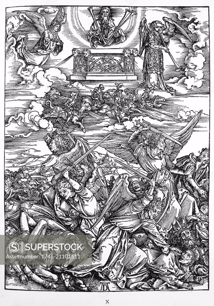 Martin Luther: Preface to the Revelation of John ( 1522): Vorrede zur Offenbarung Johannes (1522). Apocalypse in figures; Woodcut by Albrecht Durer; The Battle of the Angels (Four avenging Angels of the Euphrates). The Revelation of Saint John (Apocalypse, VII. Figure).