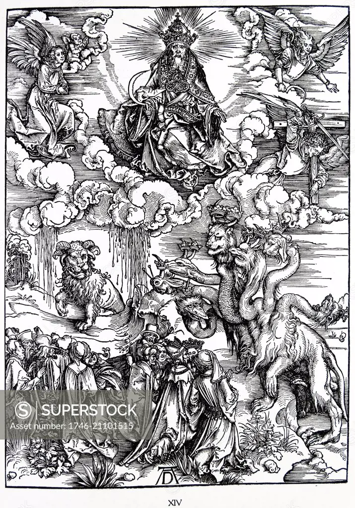 Martin Luther: Preface to the Revelation of John ( 1522): Vorrede zur Offenbarung Johannes (1522). Apocalypse in figures; Woodcut by Albrecht Durer; The Sea Monster and the Beast with the Lamb's Horns. The Revelation of Saint John