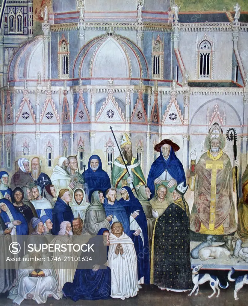 Fresco depicting the Dominican Order painted by the Italian artist Andrea da Firenze. The painting depicts the hierarchy of power in the Church. Fresco is located in the Spanish Chapel, Florence. Dated 13th Century