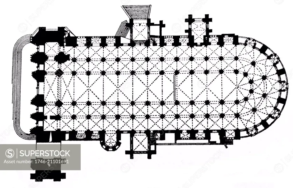 Bourges Cathedral Floor Plan. Bourges Cathedral is a Roman Catholic cathedral, dedicated to Saint Stephen, located in Bourges, France. It is the seat of the Archbishop of Bourges. Dated 13th Century