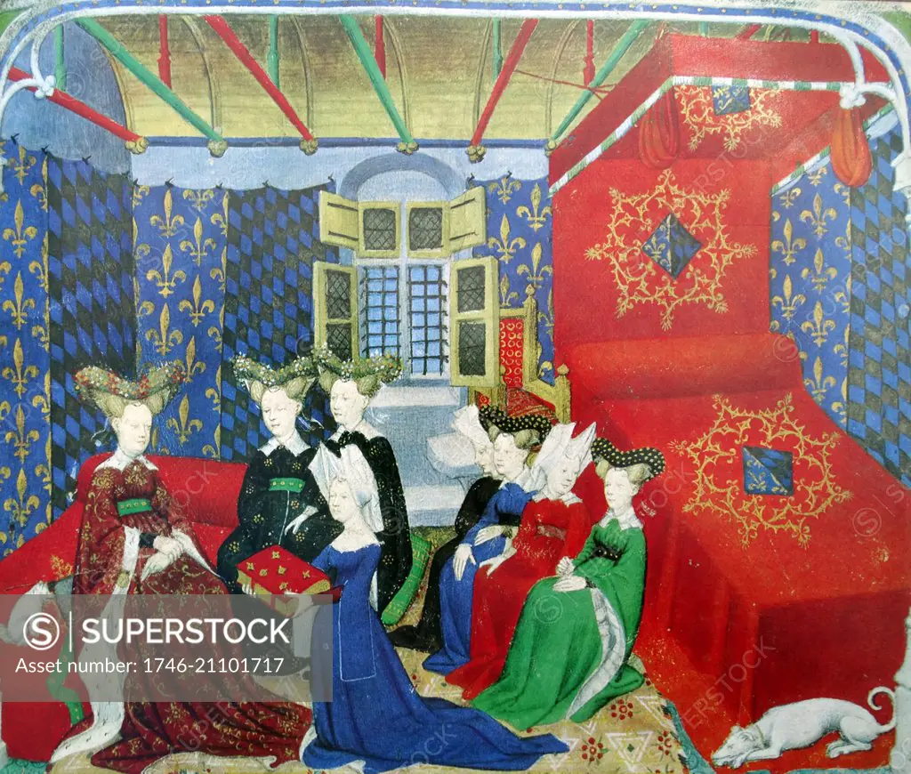 Illumination of the Queen of France, Isabel of Bavaria and the wife of Charles VI in her chambers. Depicted before the Queen is Christine de Pisan, presenting a book of her poems. The room is decorated with the Arms of France and Bavaria. Dated 15th Century