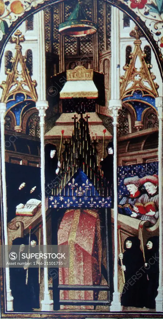 Miniature of a coffin standing in the nave or choir of the church surrounded by mourners. Dated 15th Century