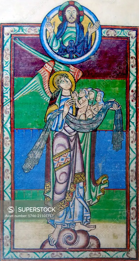 Painting of St Michael the Archangel presenting a napkin of souls to Christ. The hieratic, almost Byzantine, figure of Christ gazes out frontally, but the angel, is typically graceful and linear. Dated 12th Century