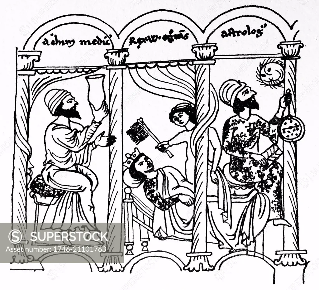Line drawing of William of Sicily being treated by his Arab doctor and astrologer