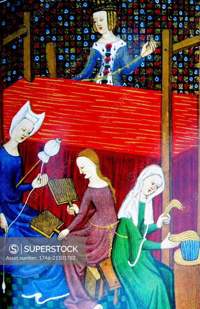 Miniature depicting the spinning and weaving of raw flax. The fibres are pulled into sections, carded and placed on the end of a distaff placed under the left arm. The threads are woven on a hand loom. Dated 15th Century