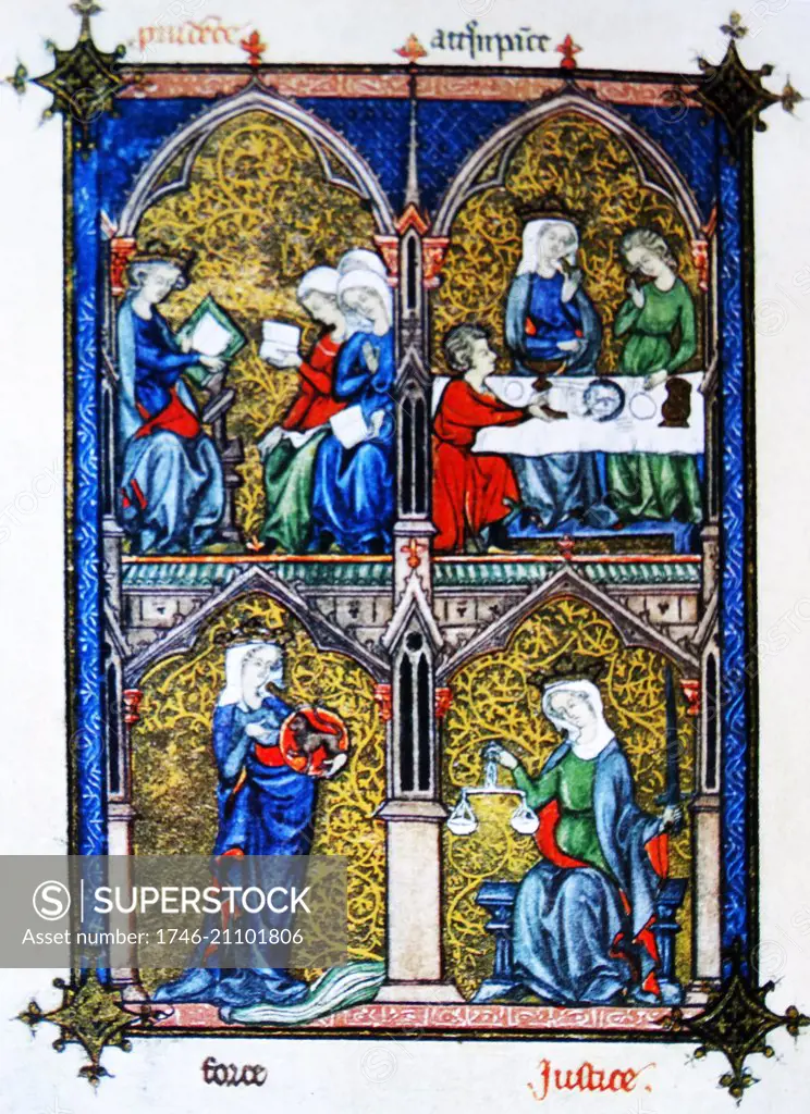 Miniature from La Somme le Roy, a treatise on the Virtues and Vices. It depicts the four of the virtues: Prudence, Temperance, Fortitude and Justice. Dated 13th Century