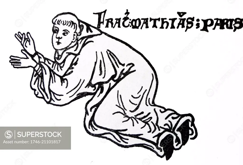 Line drawing of Frater Mathias Parisiensis kneeling in adoration. Drawn by Matthew Paris. Dated 13th Century