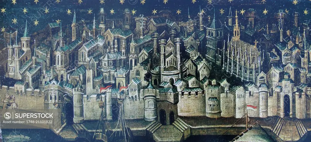 Fresco depicting the crowded city of Cologne. The choir of the Cathedral is depicted, incomplete, and to the right is the Church of St Martin. Dated 14th Century