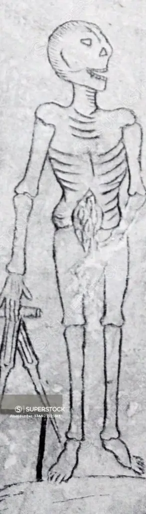 Illustration of the skeleton of Guillaume Letellier, the architect of the Notre Dame Caudebec-en-Caux, holding a pair of compasses. Dated 15th Century