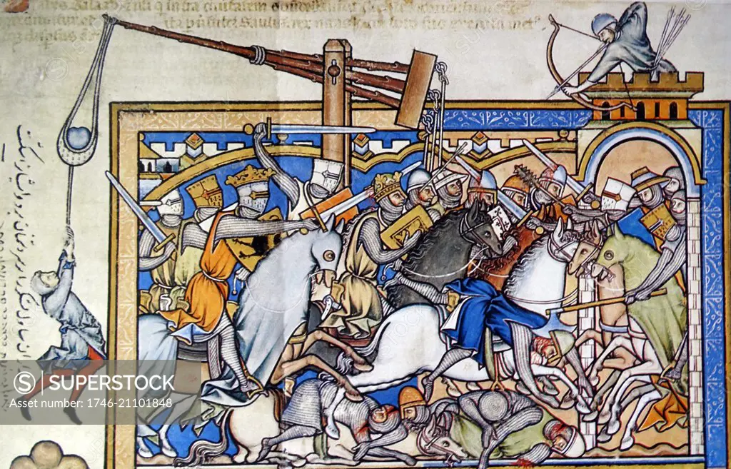 Mediaeval battle scene depicts knights in chain-mail and helmets. Their arms include heavy sword for hacking, mace, battle-axe, arrows and a catapult for hurling rocks. Dated 13th Century