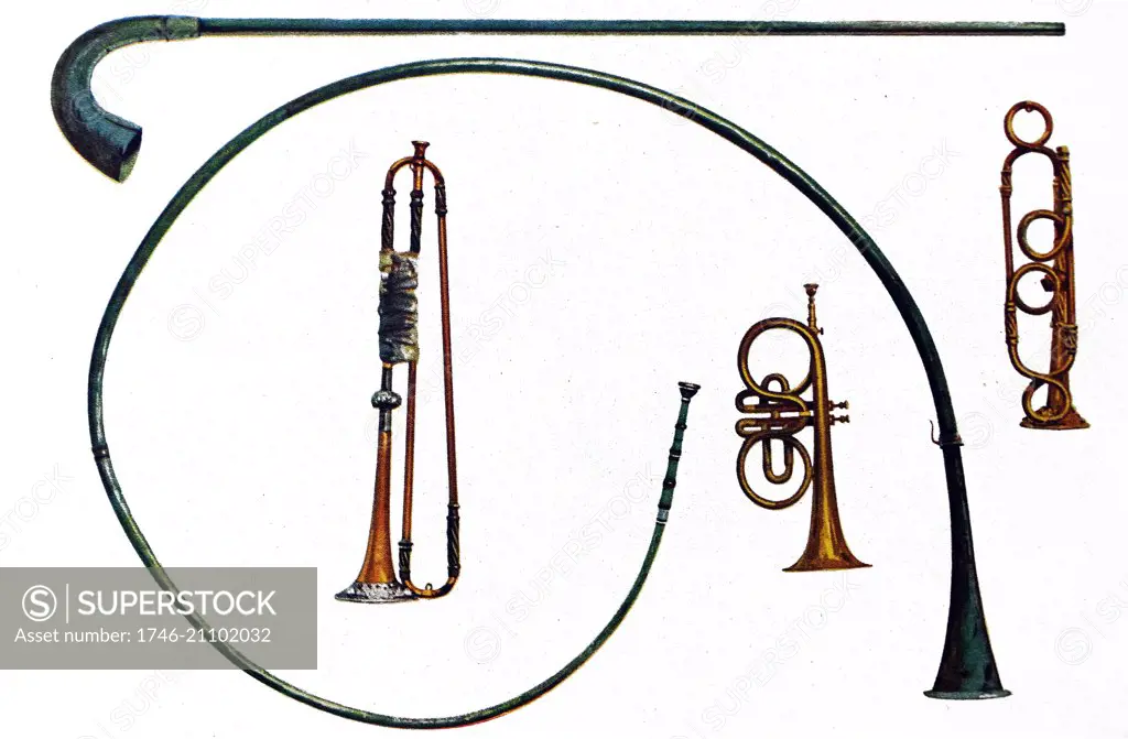 Lituus, Buccina and Cornet Trumpets. The Lituus is from the Roman Cavalry and is the straight instrument with the curved end. The Buccina is from the Roman Infantry and is curved. The Cornet with two valves is one of the earliest adaptations of the increasingly popular pistons.