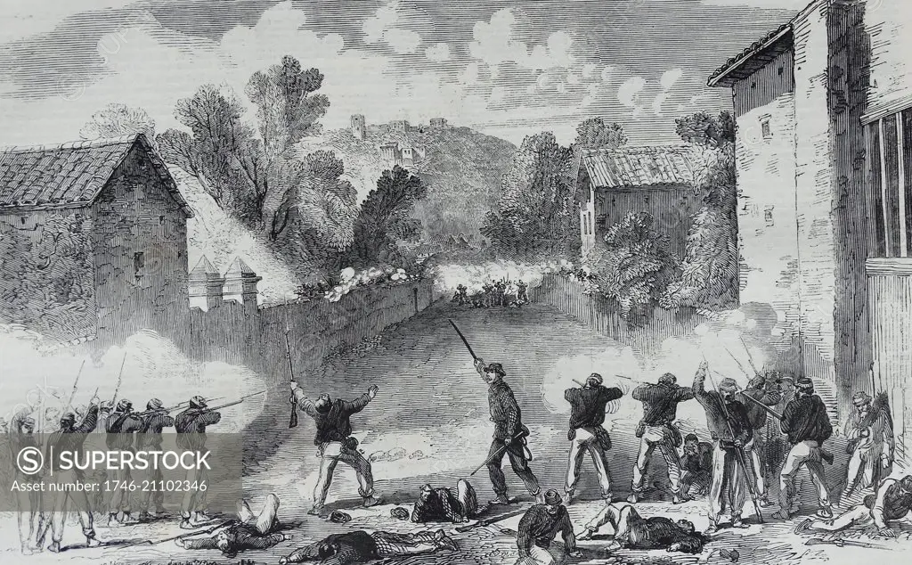 Sicilian skirmishers attacking the advance posts of the Neapolitans on the left flank at Melazzo. 1860