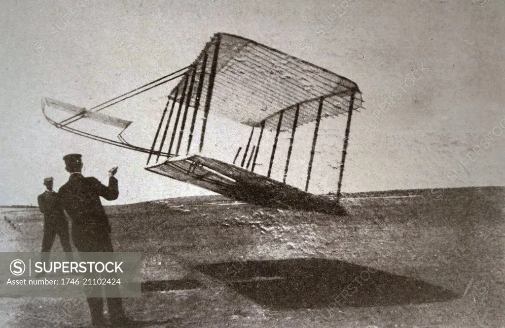 The Wright brothers glider the Kitty Hawk. This shows the machine with the original twin fixed rudders. 1903