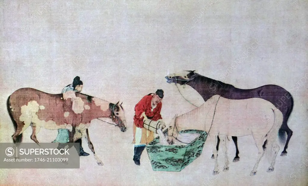 Ming Dynasty, replica of a Yuan Dynasty (13th century), scroll 'The eight Horses' (detail). Depicting riders taking horses to drink at a trough, chinese