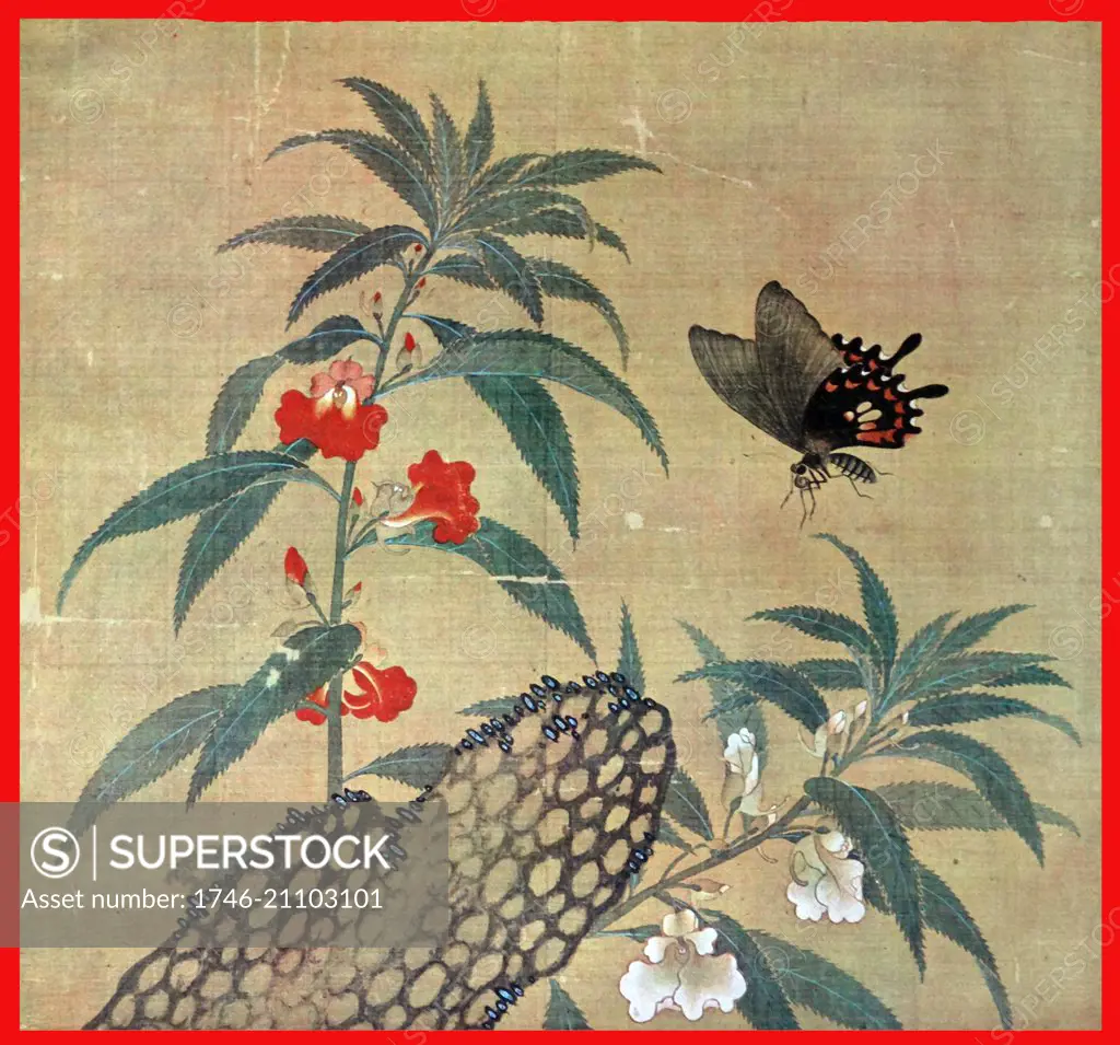 Ming Dynasty, painting on silk showing flowers with a hovering butterfly, chinese 14th century