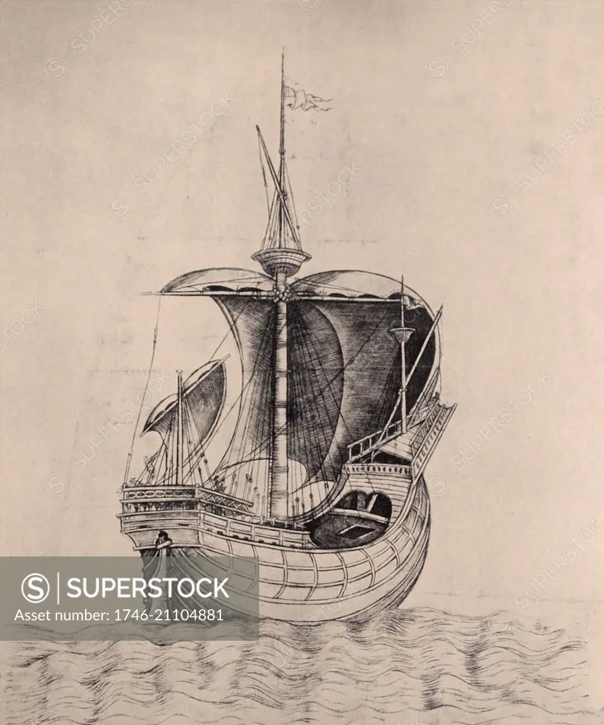 Line engraving of a 15th Century merchant ship. Dated 1470