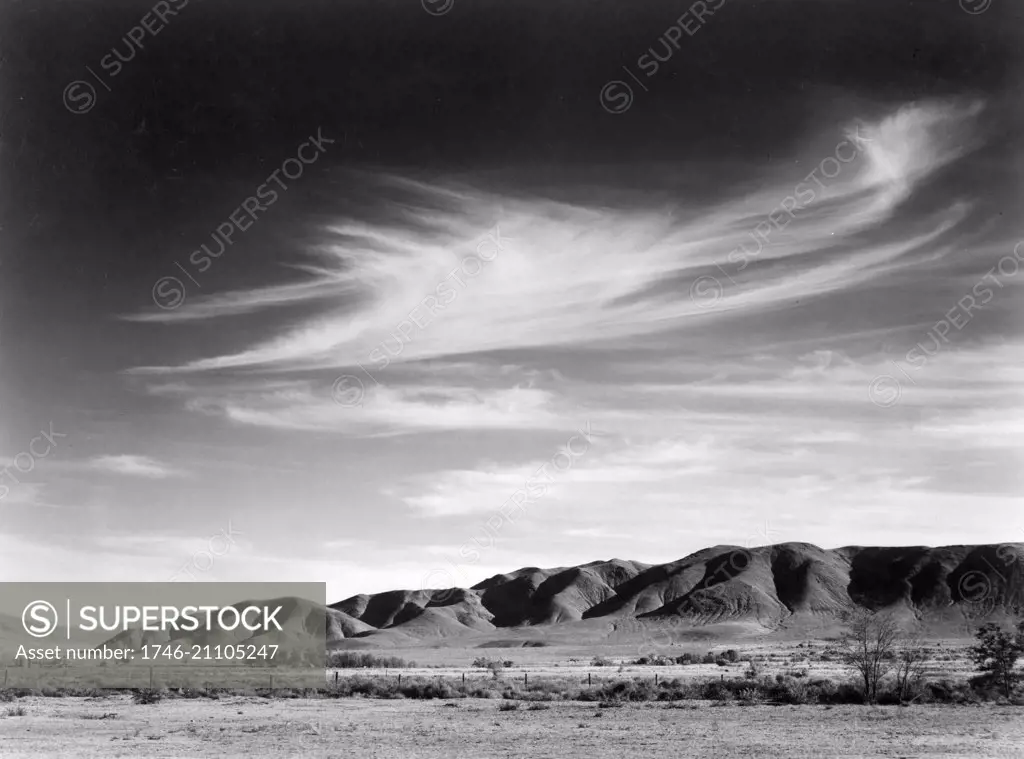 Photograph of a view from Manzanar to the Alabama Hills. Photographed by Ansel Adams (1902-1984) photographer. Dated 1943