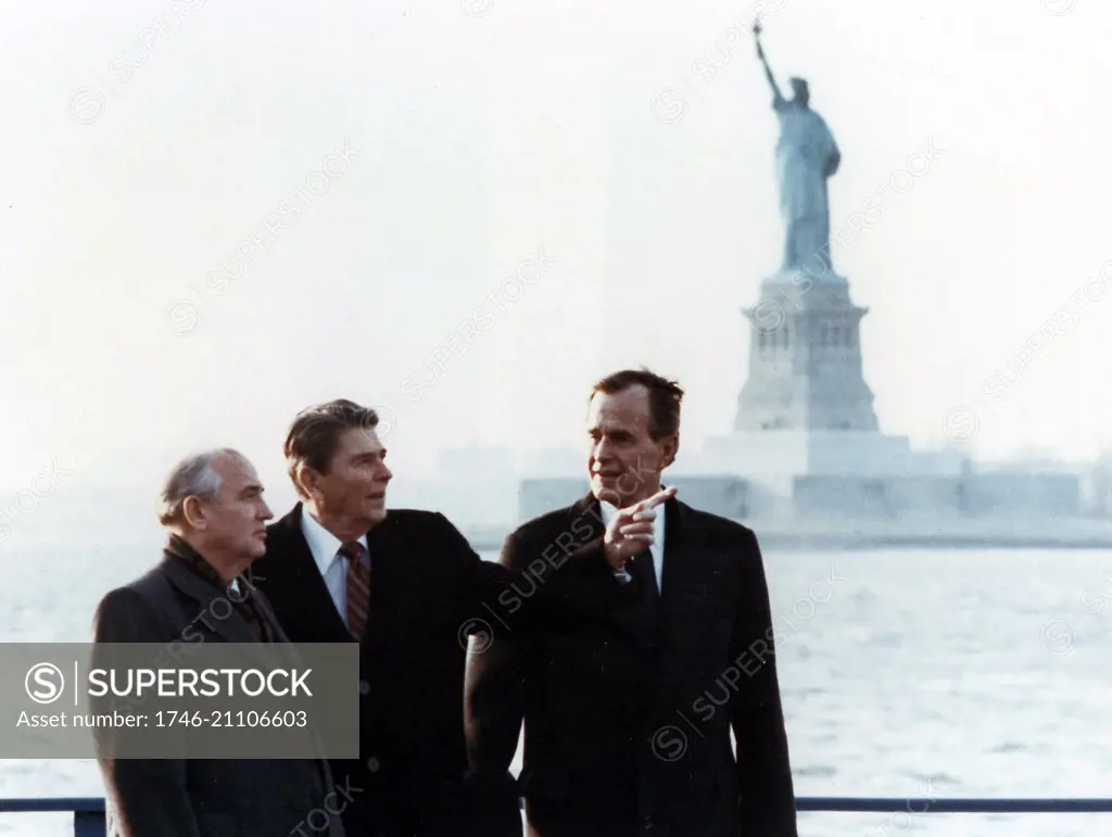 US President Ronald Reagan with Vice-President George Bush and Russian leader Mikhail Gorbachev, New York 1985