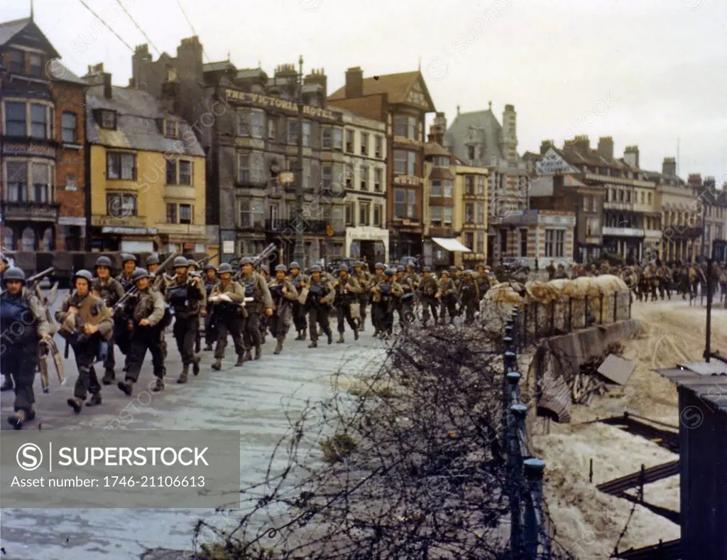 US troops ready to board landing ships at Weymouth, England for the D Day Normandy Invasion 1944