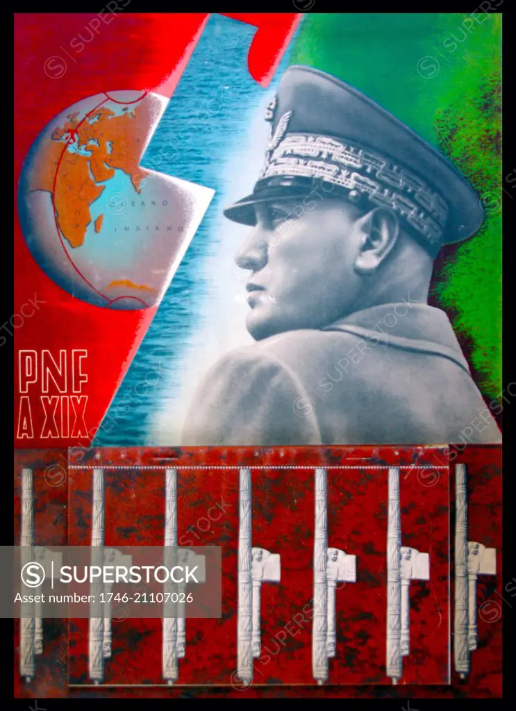 Benito Mussolini (1883 ñ 28 April 1945) Italian politician depicted on the cover of an Italian fascist calendar of 1940