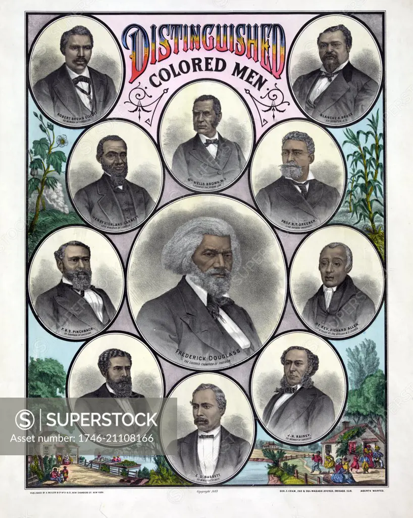 Distinguished coloured men. by A. Muller & Co., c1883. Chicago, Illinois. Head and shoulder portraits. Frederick Douglass (1818-1895), Blanche Kelso Bruce (1841-1898), William Wells, Brown, (1814-1884), Richard Theodore Greener (1844-1922), Richard Allen (1760-1831), Joseph H Rainey (1832-1887), Ebenezer Bassett (1832-1908), John Mercer Langston (1829-1897), Pinckney Benton Stewart (1837-1921), Henry Highland Garnet (1815-1882).