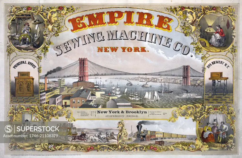 Colour lithograph of advertising the Empire Sewing Machine Co. The print depicts views of New York and the Brooklyn suspension bridge, sewing machines, people sewing by hand and various modes of transportation. Dated 1870