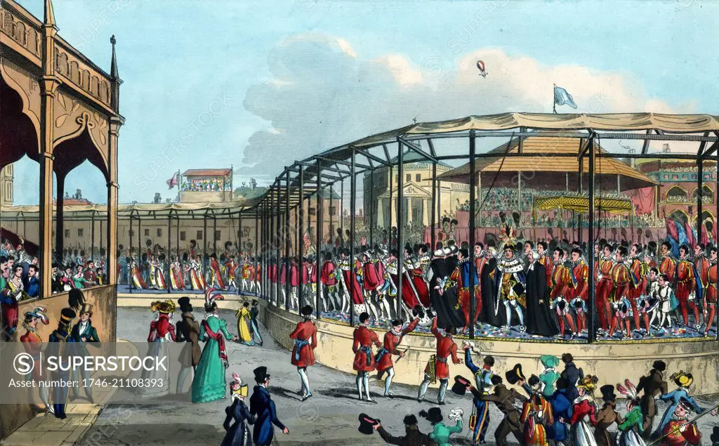 Hand-coloured aquatint etching depicting the Coronation procession of His Majesty George IV (1762-1830) King of the United Kingdom of Great Britain and Ireland and of Hanover. By William Heath (1795-1840) etcher and artist. Dated 1821