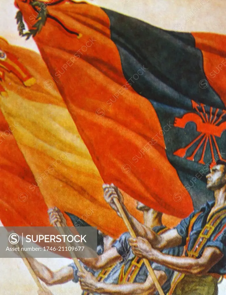 The Fascist flag of the Falange is waved in a Spanish civil war, nationalist propaganda illustration