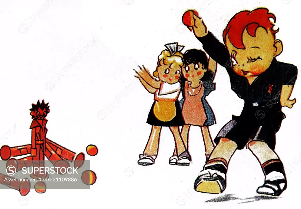 Cartoon illustration depicting Falange children playing bowls by using effigy communist ten pin sticks, during the Spanish Civil War