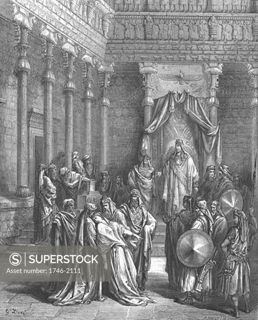 Esther, coming into presence of king Ashauerus expecting to die because she was a Jew, fainting in fear. From Gustave Dore's "Bible", 1856